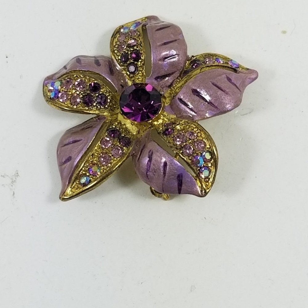Vintage Enamel gold tone with purple stones broach - Picture 4 of 8